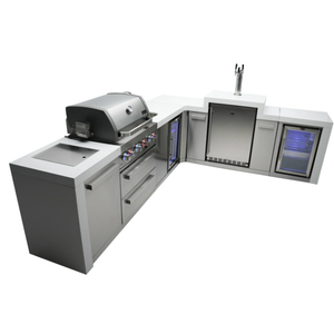 MONT ALPI 4-BURNER DELUXE ISLAND WITH A 90-DEGREE CORNER, KEGERATOR, BEVERAGE CENTER AND FRIDGE CABINET