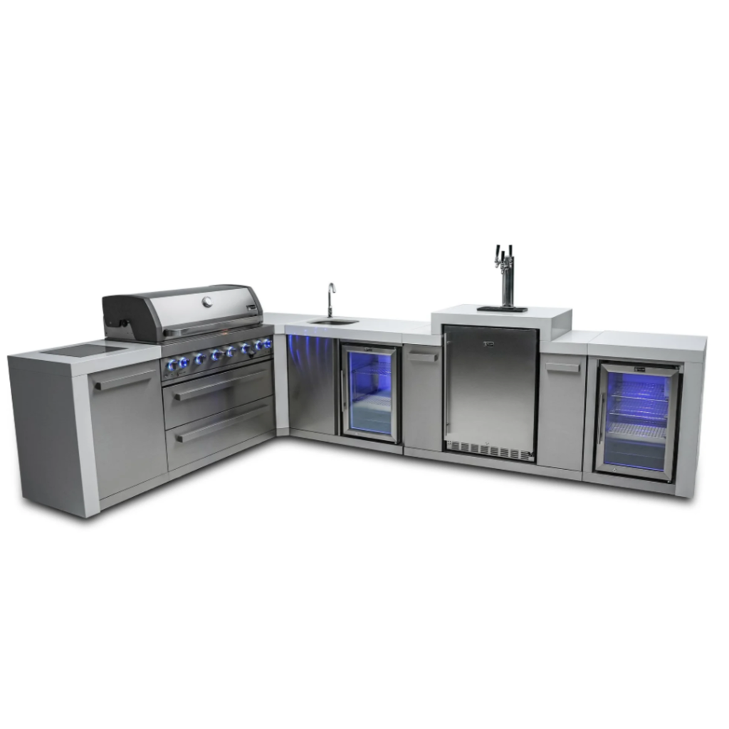MONT ALPI 6-BURNER DELUXE ISLAND WITH A 90-DEGREE CORNER, KEGERATOR, BEVERAGE CENTER AND FRIDGE CABINET