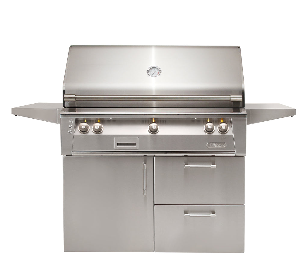 Alfresco Deluxe Cart for the ALXE Grill. displaying storage compartments for grilling equipment. Available on unitedgrills.com