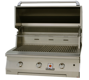 Frontview of the open hood of the 36 Inch Solaire grill available in a built in model or freestanding cart model, on unitedgrills.com