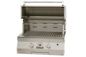 The Solaire 27-Inch front view with the hood open avaiable in a built-in model or freestanding cart model, for sale on unitedgrills.com
