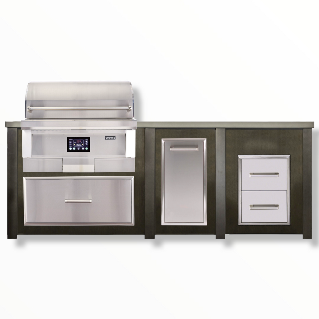 Outdoor Solutions 8 Ft Coyote Pellet Outdoor Kitchen Island w/ 2 Drawer Cabinet