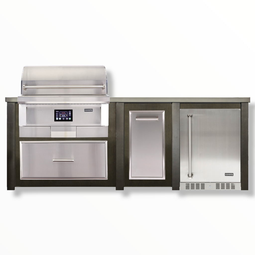 Outdoor Solutions 8 Ft Coyote Pellet Outdoor Kitchen Island w/ 24" Refrigerator