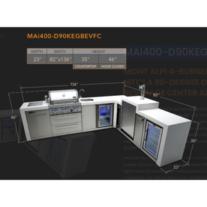 MONT ALPI 4-BURNER DELUXE ISLAND WITH A 90-DEGREE CORNER, KEGERATOR, BEVERAGE CENTER AND FRIDGE CABINET