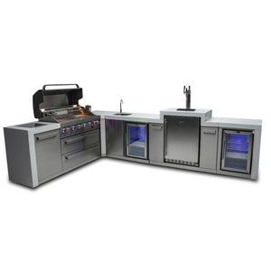 MONT ALPI 6-BURNER DELUXE ISLAND WITH A 90-DEGREE CORNER, KEGERATOR, BEVERAGE CENTER AND FRIDGE CABINET