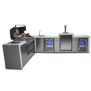 MONT ALPI 6-BURNER DELUXE ISLAND WITH A 90-DEGREE CORNER, KEGERATOR, BEVERAGE CENTER AND FRIDGE CABINET
