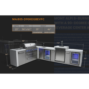 MONT ALPI 6-BURNER DELUXE ISLAND WITH A 90-DEGREE CORNER, KEGERATOR, BEVERAGE CENTER AND FRIDGE CABINET