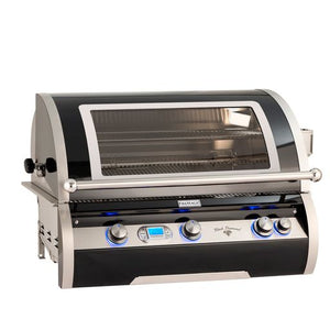 Fire Magic black diamond built-in grill displaying front window and blue lit LED knobs. Available on unitedgrills.com