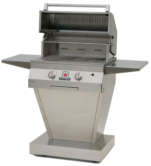 The Solaire 27-Inch front view of the pedestal freestanding cart grill available in a built-in model or freestanding cart model, for sale on unitedgrills.com