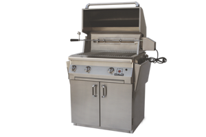 Frontview of the open hood of the 30 Inch Solaire deluxe freestanding cart grill with rotisserie kit available in a built in model or freestanding cart model, on unitedgrills.com