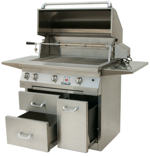 Frontview of the open hood of the 36 Inch Solaire deluxe grill in a deluxe freestanding cart with rotisserie kit available in a built in model or freestanding cart model, on unitedgrills.com