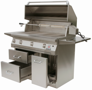 Frontview of the open hood of the 42 Inch Solaire deluxe grill in a deluxe freestanding cart with rotisserie kit available in a built in model or freestanding cart model, on unitedgrills.com
