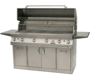 Frontview of the open hood of the 56 Inch Solaire deluxe grill in a deluxe freestanding cart with rotisserie kit available in a built in model or freestanding cart model, on unitedgrills.com