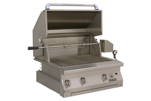 Angled frontview of the open hood of the 30 Inch Solaire deluxe grill with rotisserie kit available in a built in model or freestanding cart model, on unitedgrills.com