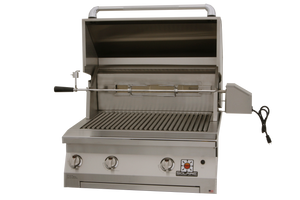 Frontview of the open hood of the 30 Inch Solaire deluxe grill with rotisserie kit available in a built in model or freestanding cart model, on unitedgrills.com