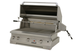 Frontview of the open hood of the 36 Inch Solaire deluxe grill with rotisserie kit available in a built in model or freestanding cart model, on unitedgrills.com