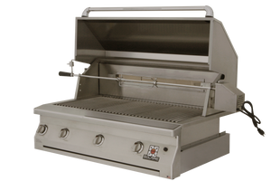 Frontview of the open hood of the 42 Inch Solaire deluxe grill with rotisserie kit available in a built in model or freestanding cart model, on unitedgrills.com