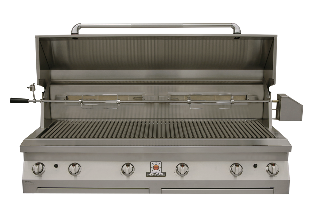 Frontview of the open hood of the 56 Inch Solaire grill with rotisserie kit available in a built in model or freestanding cart model, on unitedgrills.com