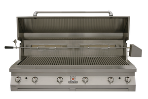 Frontview of the open hood of the 56 Inch Solaire grill with rotisserie kit available in a built in model or freestanding cart model, on unitedgrills.com