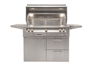 Alfresco Deluxe Cart for the ALXE Grill. displaying storage compartments for grilling equipment. Available on unitedgrills.com