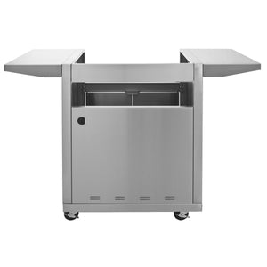 The backside of the stainless steel Blaze 25 Inch 3 burner grill cart with two stainless steel side shelves, two stainless steel doors with rounded handles, and four heavy duty caster wheels attached also showing the entry hole of where the hose from the grill connects to the designated propane tank area