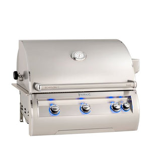 Fire Magic Echelon built-in grill with blue-lit LED light knobs. Available on unitedgrills.com