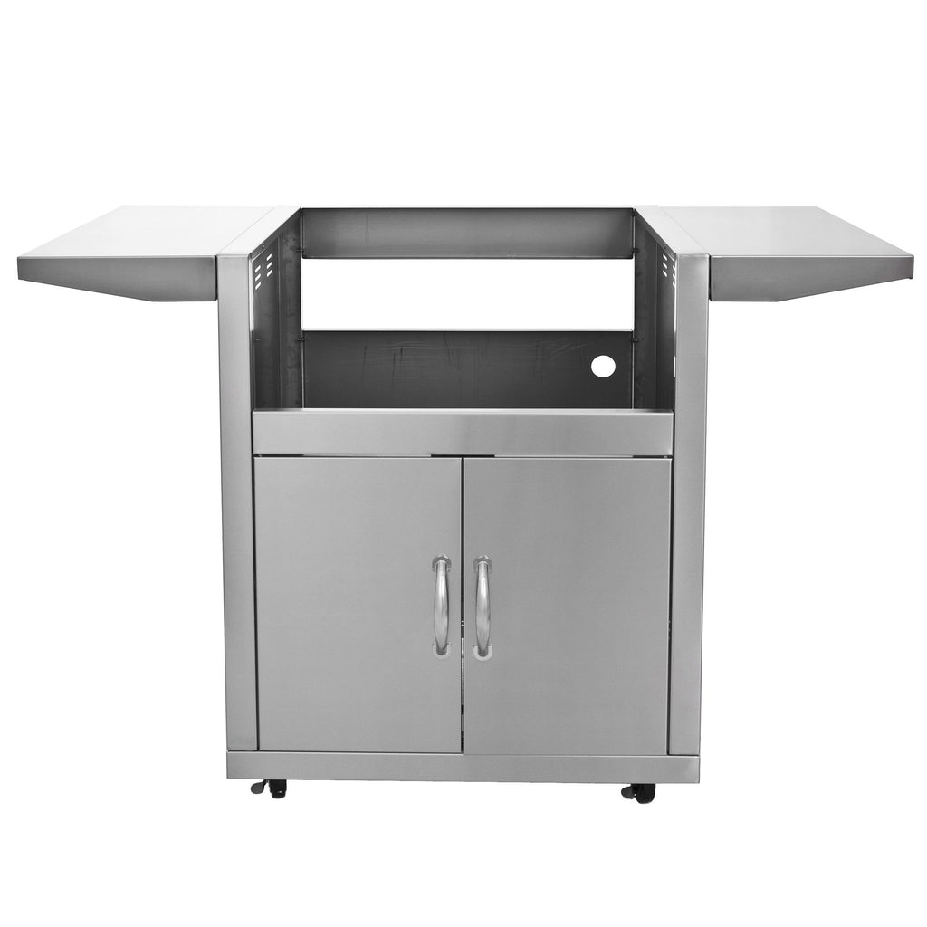 The frontside of the stainless steel Blaze 25 Inch 3 burner grill cart with two stainless steel side shelves, two stainless steel doors with rounded handles, and four heavy duty caster wheels attached
