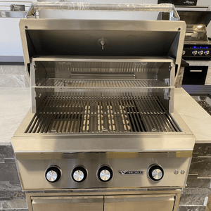 Twin Eagles 36" 3 burner built-in propane grill with hood open displaying top cooking rack, sear zone and infrared rotisserie burner. Available on unitedgrills.com