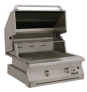 Angled frontview of the open hood of the 30 Inch Solaire grill available in a built in model or freestanding cart model, on unitedgrills.com