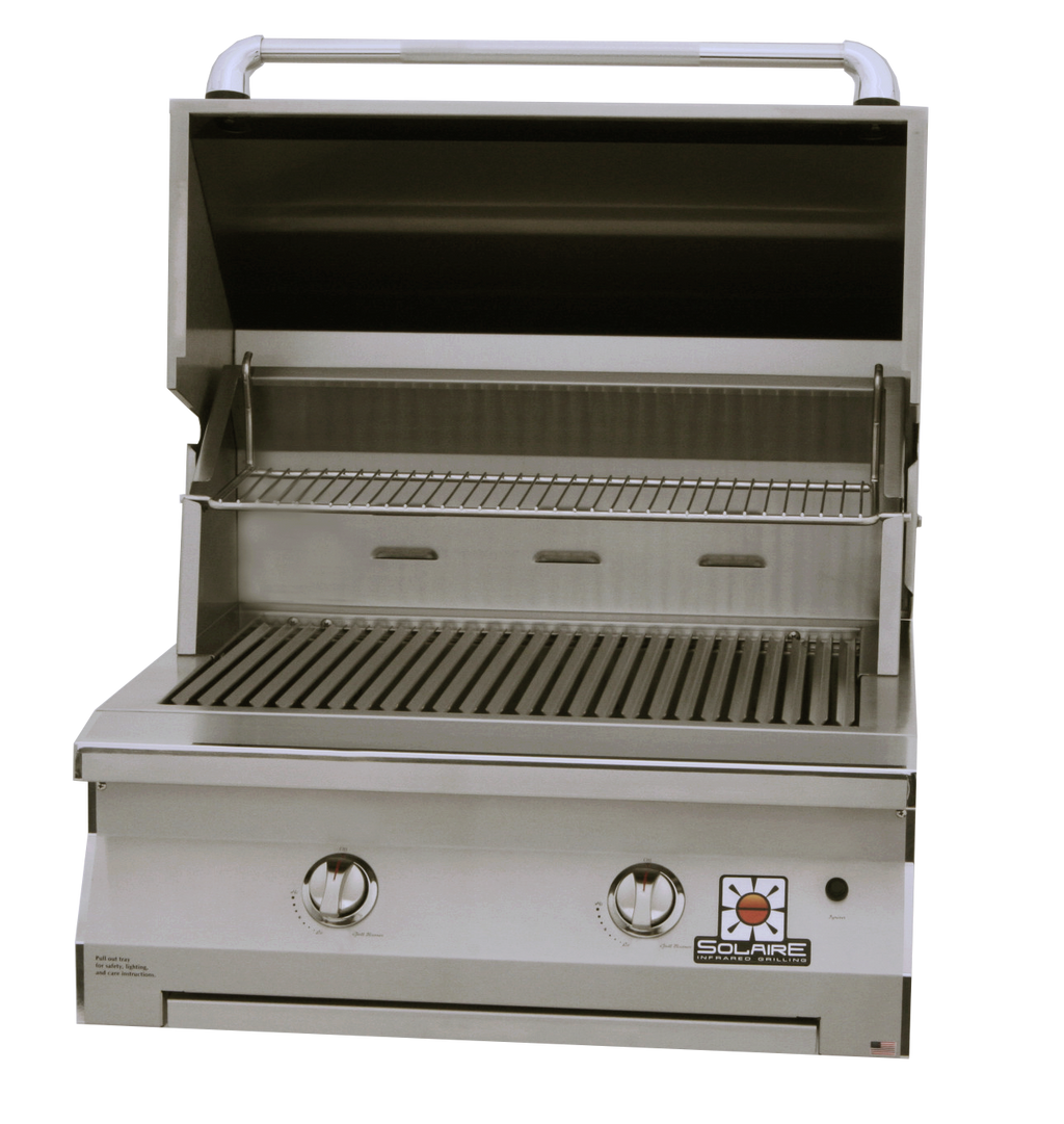 Frontview of the open hood of the 30 Inch Solaire grill available in a built in model or freestanding cart model, on unitedgrills.com