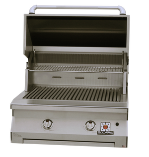 Frontview of the open hood of the 30 Inch Solaire grill available in a built in model or freestanding cart model, on unitedgrills.com