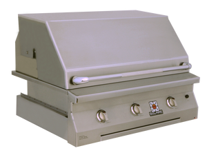Angled frontview of the closed hood of the 36 Inch Solaire grill available in a built in model or freestanding cart model, on unitedgrills.com