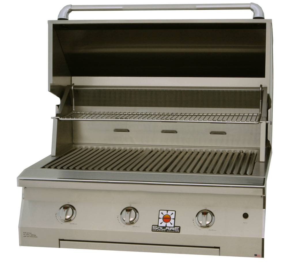 Frontview of the open hood of the 36 Inch Solaire grill available in a built in model or freestanding cart model, on unitedgrills.com