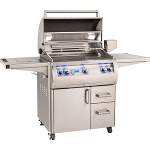 Fire Magic Echelon freestanding cart grill displaying all features including storage compartment space. Available on unitedgrills.com