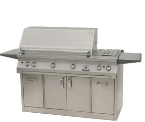 The Solaire 56-Inch Grill with rotisserie kit and side burner on a deluxe B freestanding grill cart available in a built-in model and freestanding cart grill on unitedgrills.com