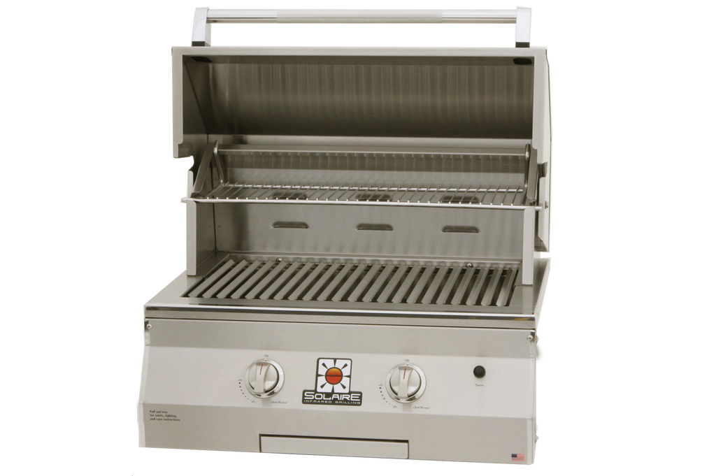 The Solaire 27-Inch front view with the hood open avaiable in a built-in model or freestanding cart model, for sale on unitedgrills.com