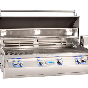 Fire Magic Echelon built-in grill displaying halogen lights, top cooking rack, rotisserie kit and blue-lit LED lights. Available on unitedgrills.com