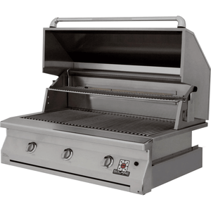 Frontview of the open hood of the 42 Inch Solaire grill available in a built in model or freestanding cart model, on unitedgrills.com