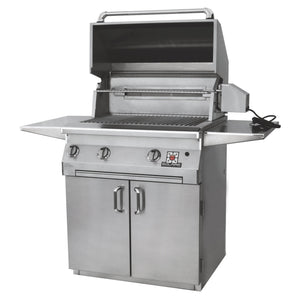 Frontview of the open hood of the 36 Inch Solaire deluxe freestanding cart grill with rotisserie kit available in a built in model or freestanding cart model, on unitedgrills.com
