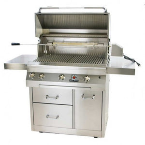 Frontview of the open hood of the 30 Inch Solaire deluxe grill in a deluxe freestanding cart with rotisserie kit available in a built in model or freestanding cart model, on unitedgrills.com